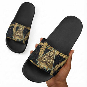 Anubis Ancient Egyptian Slide Sandals with Starry Mummy Wrap Pattern, Anubis Warrior Illustration, and Pyramid - African Pride
