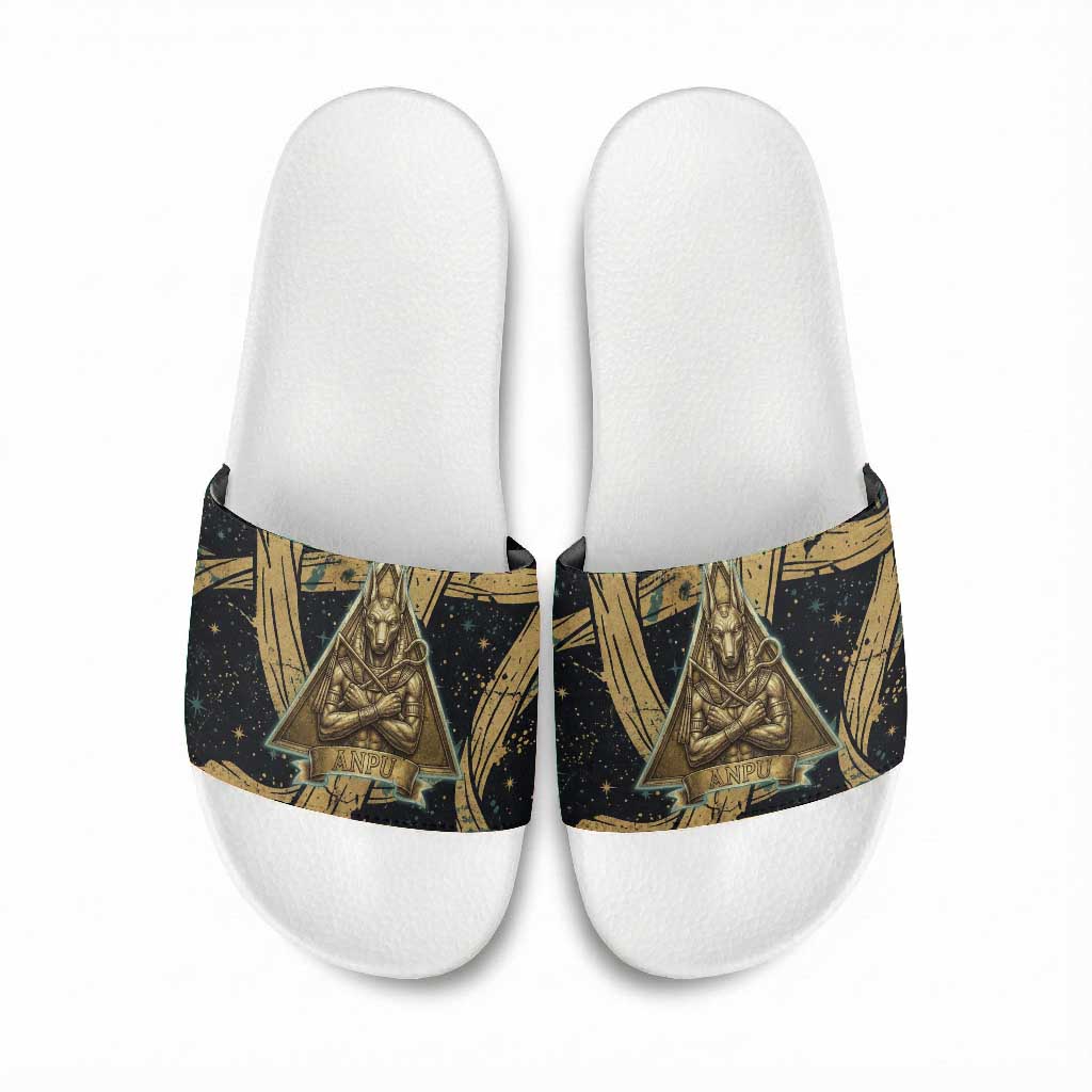 Anubis Ancient Egyptian Slide Sandals with Starry Mummy Wrap Pattern, Anubis Warrior Illustration, and Pyramid - African Pride