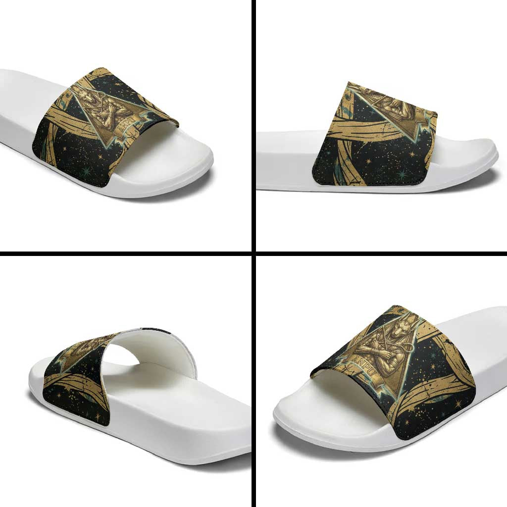 Anubis Ancient Egyptian Slide Sandals with Starry Mummy Wrap Pattern, Anubis Warrior Illustration, and Pyramid - African Pride