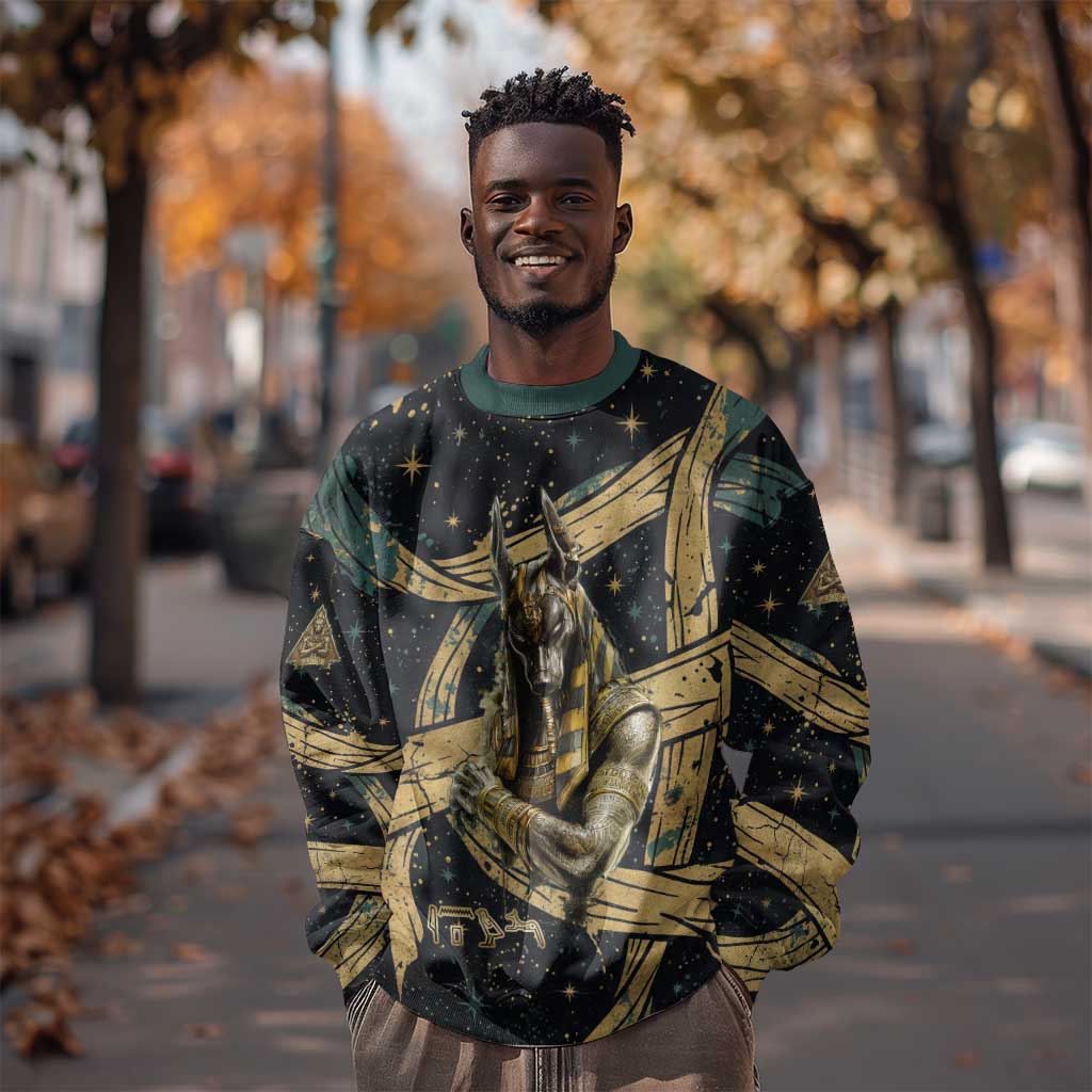 Anubis Ancient Egyptian Sweatshirt with Starry Mummy Wrap Pattern, Anubis Warrior Illustration, and Pyramid - African Pride