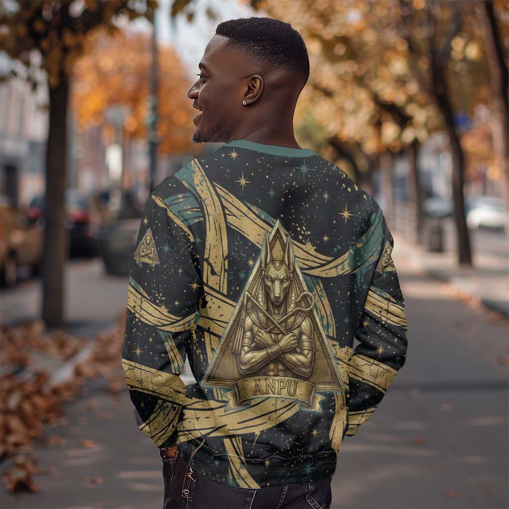 Anubis Ancient Egyptian Sweatshirt with Starry Mummy Wrap Pattern, Anubis Warrior Illustration, and Pyramid - African Pride