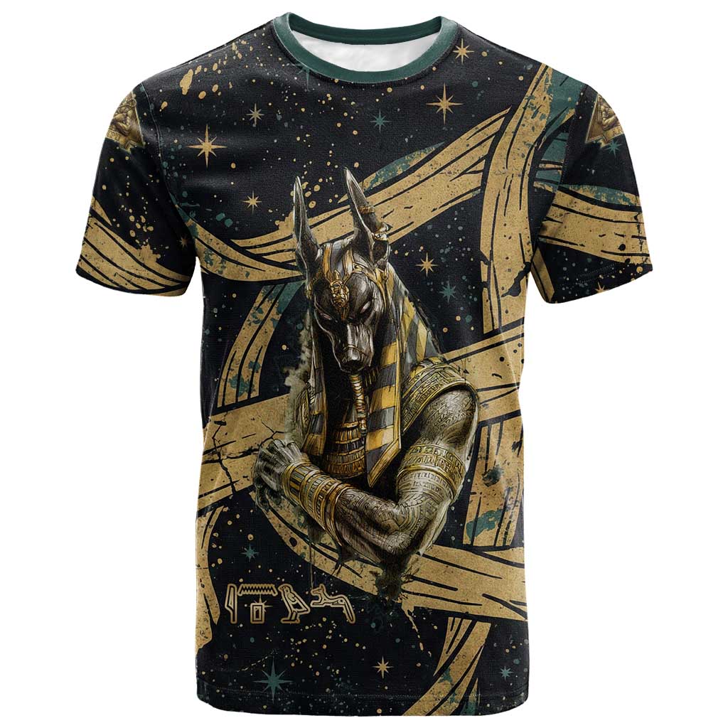 Anubis Ancient Egyptian T shirt with Starry Mummy Wrap Pattern, Anubis Warrior Illustration, and Pyramid - African Pride