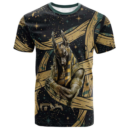 Anubis Ancient Egyptian T shirt with Starry Mummy Wrap Pattern, Anubis Warrior Illustration, and Pyramid - African Pride