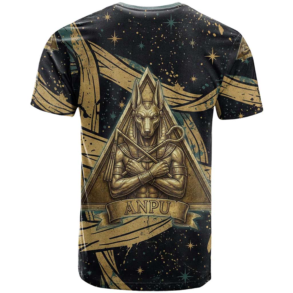 Anubis Ancient Egyptian T shirt with Starry Mummy Wrap Pattern, Anubis Warrior Illustration, and Pyramid - African Pride