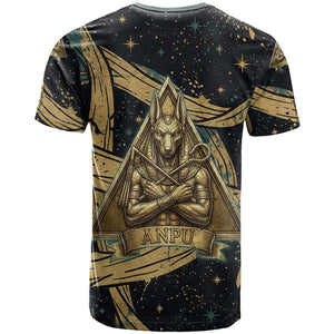Anubis Ancient Egyptian T shirt with Starry Mummy Wrap Pattern, Anubis Warrior Illustration, and Pyramid - African Pride