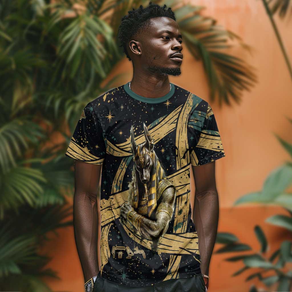 Anubis Ancient Egyptian T shirt with Starry Mummy Wrap Pattern, Anubis Warrior Illustration, and Pyramid - African Pride