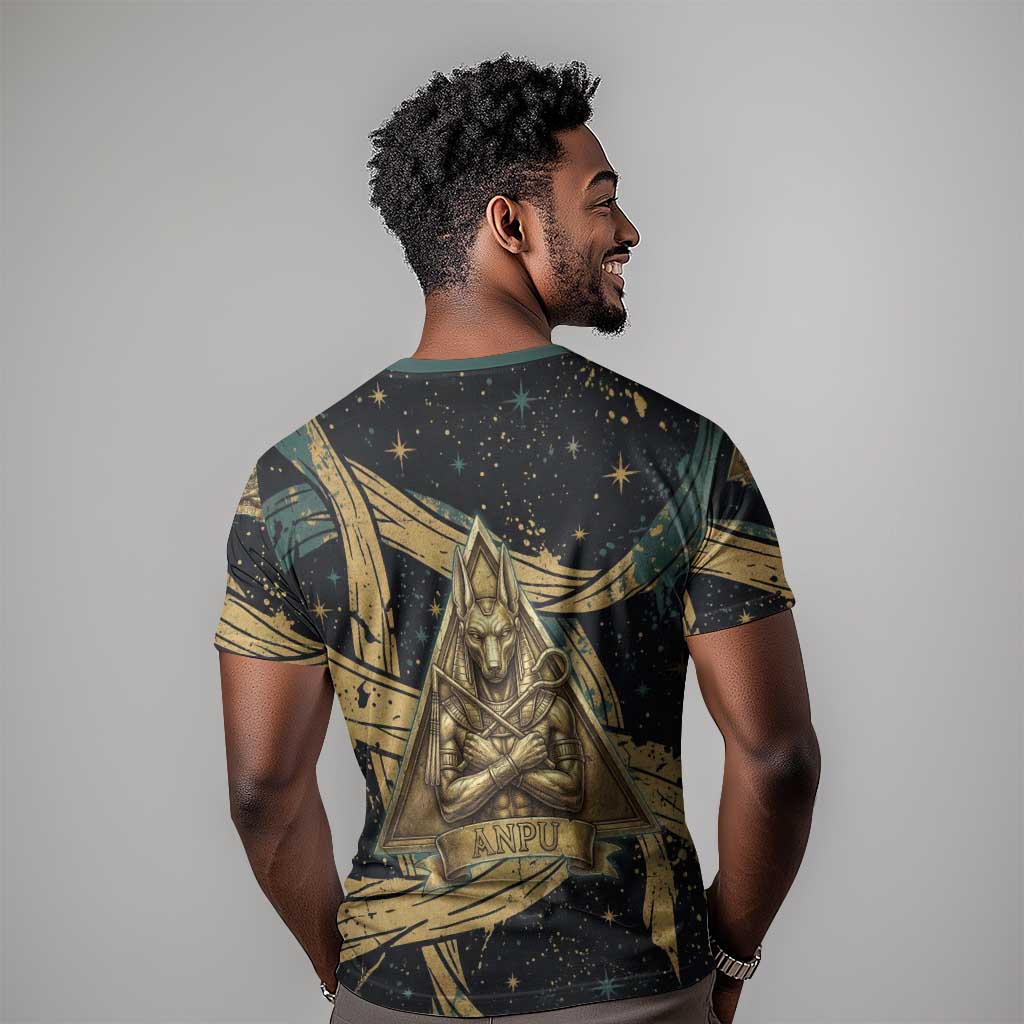 Anubis Ancient Egyptian T shirt with Starry Mummy Wrap Pattern, Anubis Warrior Illustration, and Pyramid - African Pride
