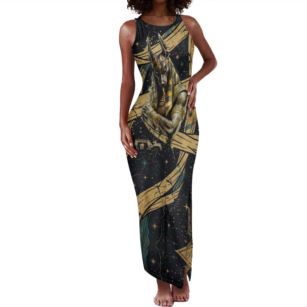 Anubis Ancient Egyptian Tank Maxi Dress with Starry Mummy Wrap Pattern, Anubis Warrior Illustration, and Pyramid - African Pride