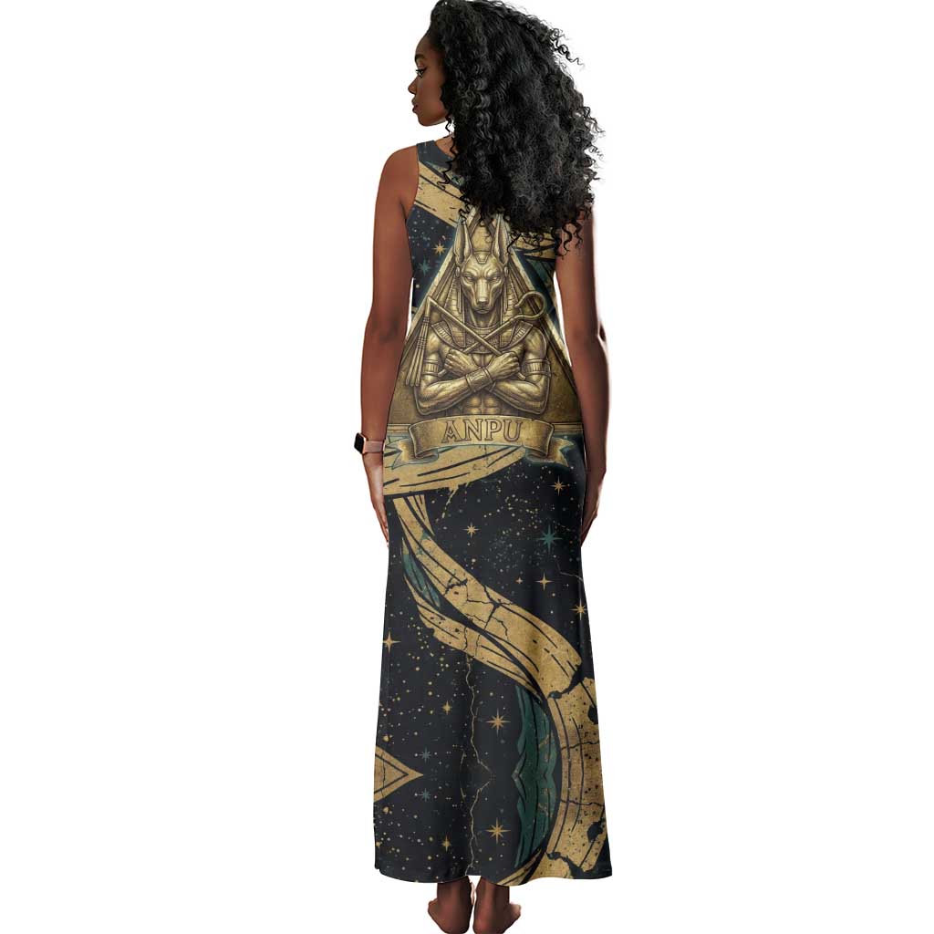 Anubis Ancient Egyptian Tank Maxi Dress with Starry Mummy Wrap Pattern, Anubis Warrior Illustration, and Pyramid - African Pride