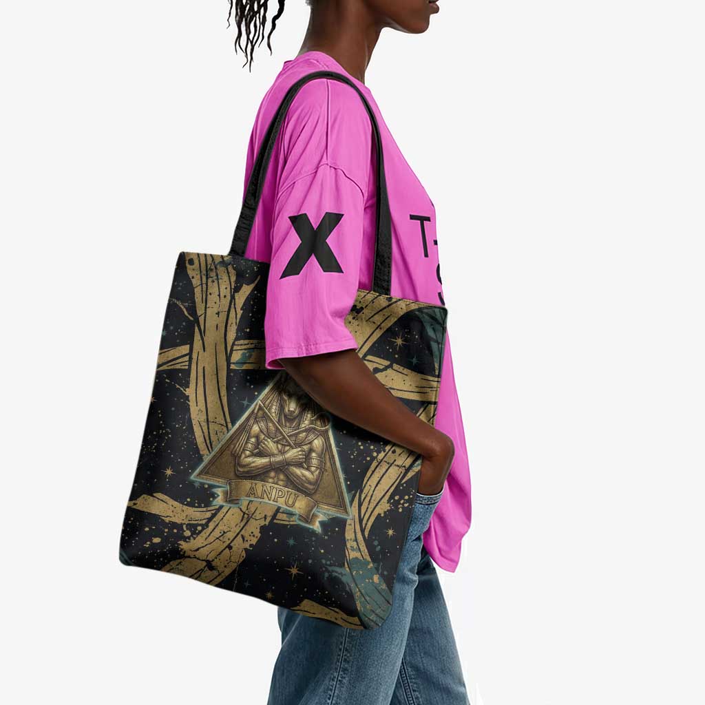 Anubis Ancient Egyptian Tote Bag with Starry Mummy Wrap Pattern, Anubis Warrior Illustration, and Pyramid - African Pride