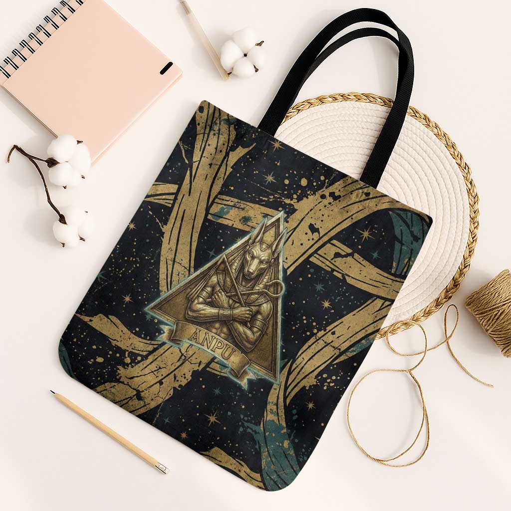 Anubis Ancient Egyptian Tote Bag with Starry Mummy Wrap Pattern, Anubis Warrior Illustration, and Pyramid - African Pride