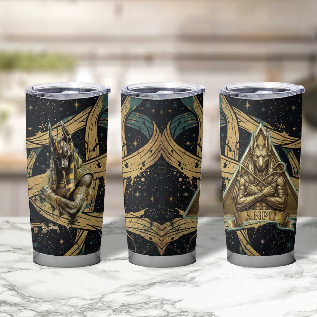 Anubis Ancient Egyptian Tumbler Cup with Starry Mummy Wrap Pattern, Anubis Warrior Illustration, and Pyramid - African Pride