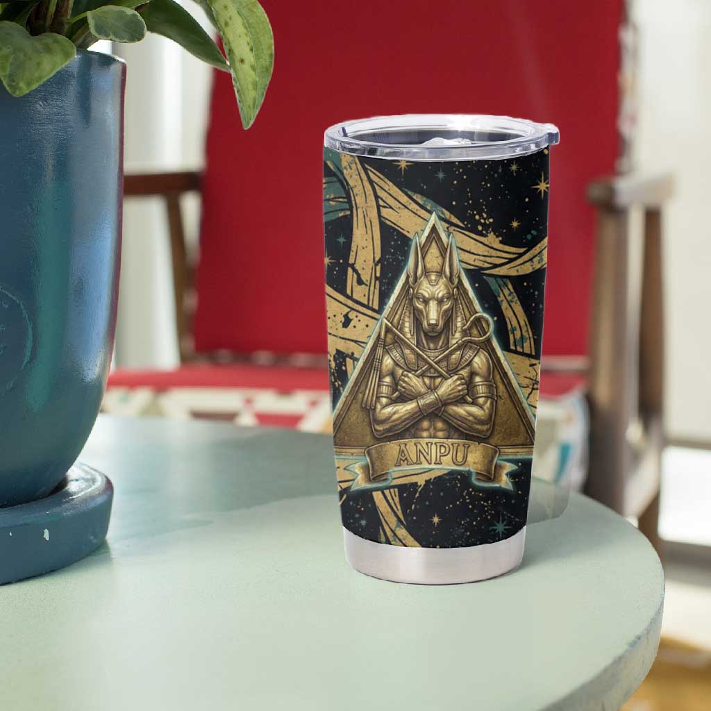 Anubis Ancient Egyptian Tumbler Cup with Starry Mummy Wrap Pattern, Anubis Warrior Illustration, and Pyramid - African Pride