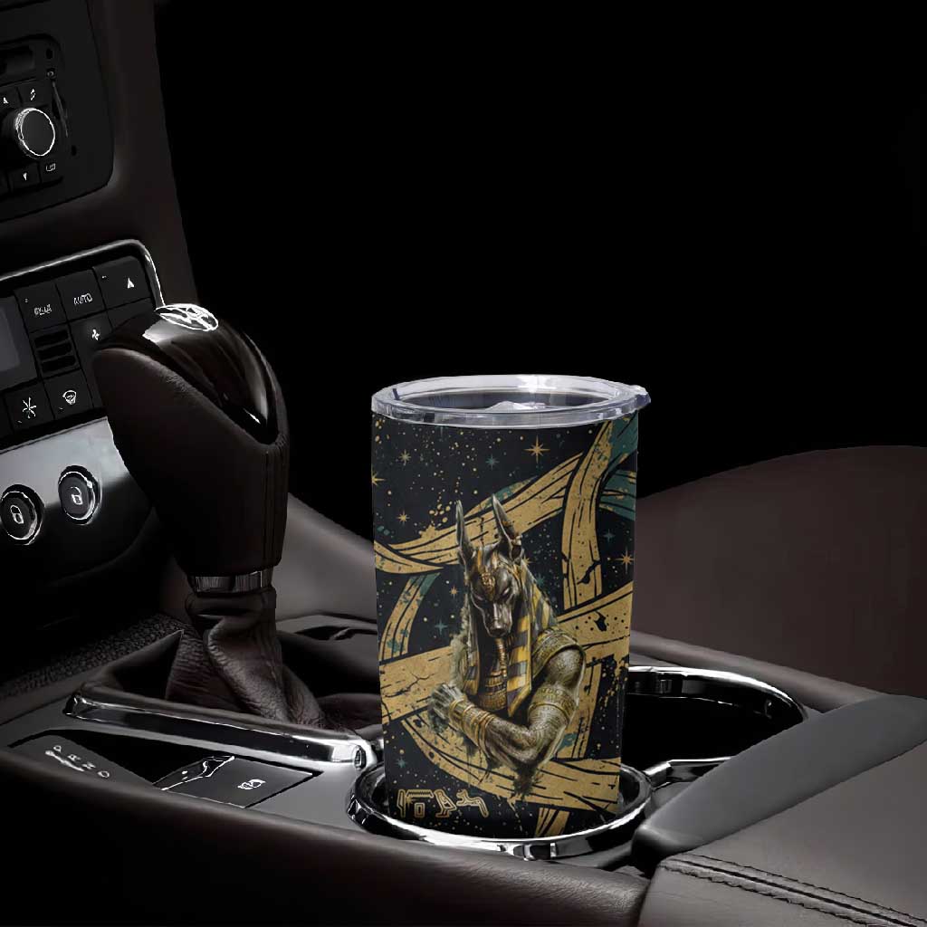 Anubis Ancient Egyptian Tumbler Cup with Starry Mummy Wrap Pattern, Anubis Warrior Illustration, and Pyramid - African Pride