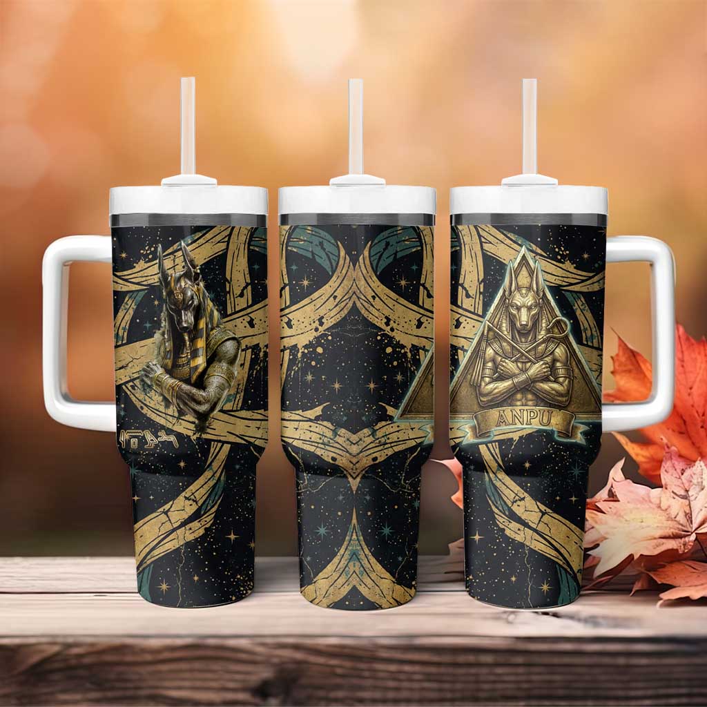 Anubis Ancient Egyptian Tumbler With Handle with Starry Mummy Wrap Pattern, Anubis Warrior Illustration, and Pyramid - African Pride