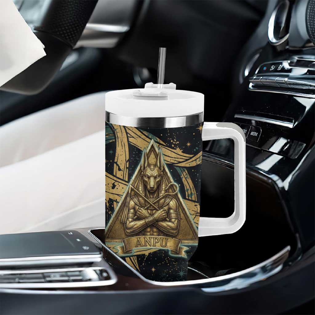 Anubis Ancient Egyptian Tumbler With Handle with Starry Mummy Wrap Pattern, Anubis Warrior Illustration, and Pyramid - African Pride