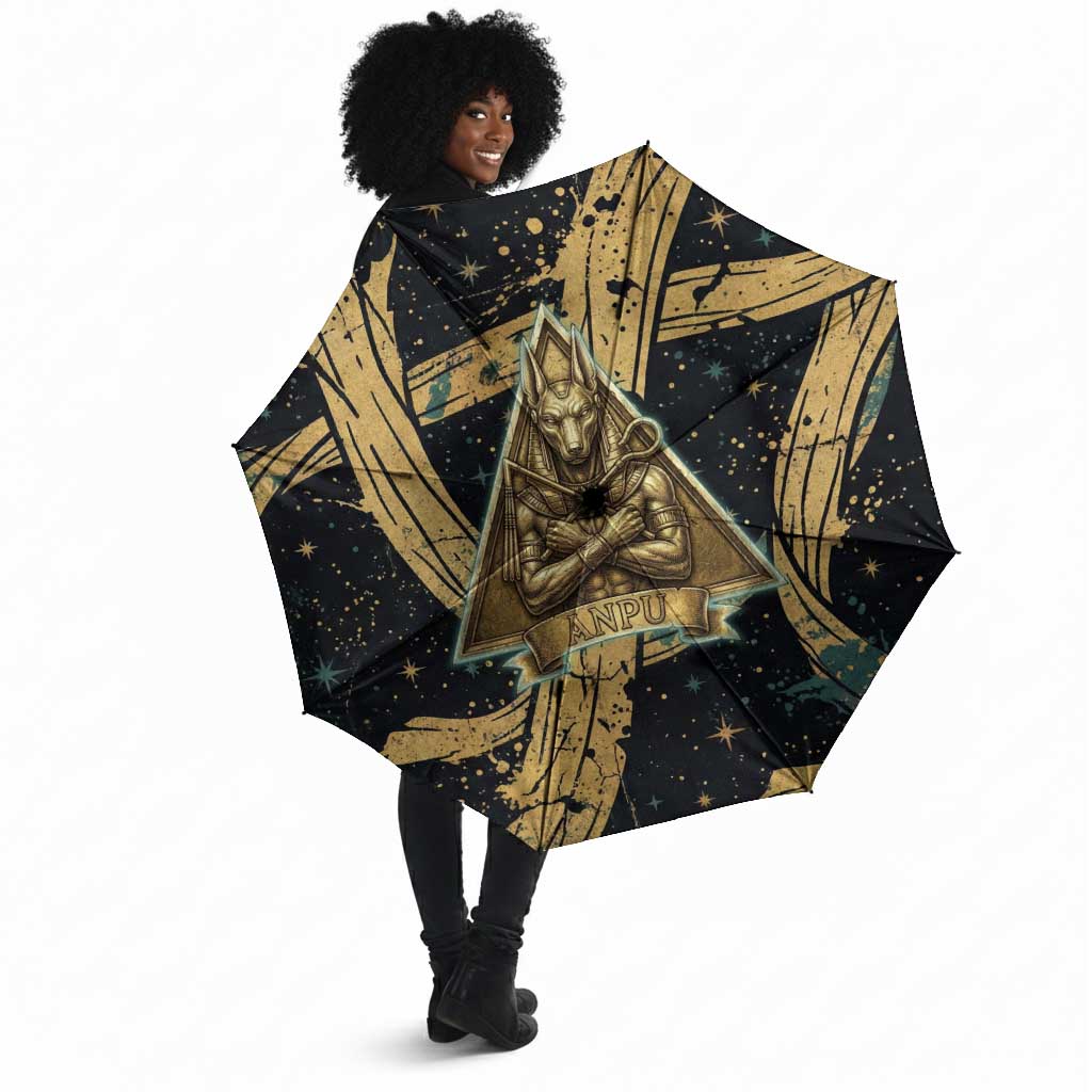 Anubis Ancient Egyptian Umbrella with Starry Mummy Wrap Pattern, Anubis Warrior Illustration, and Pyramid - African Pride