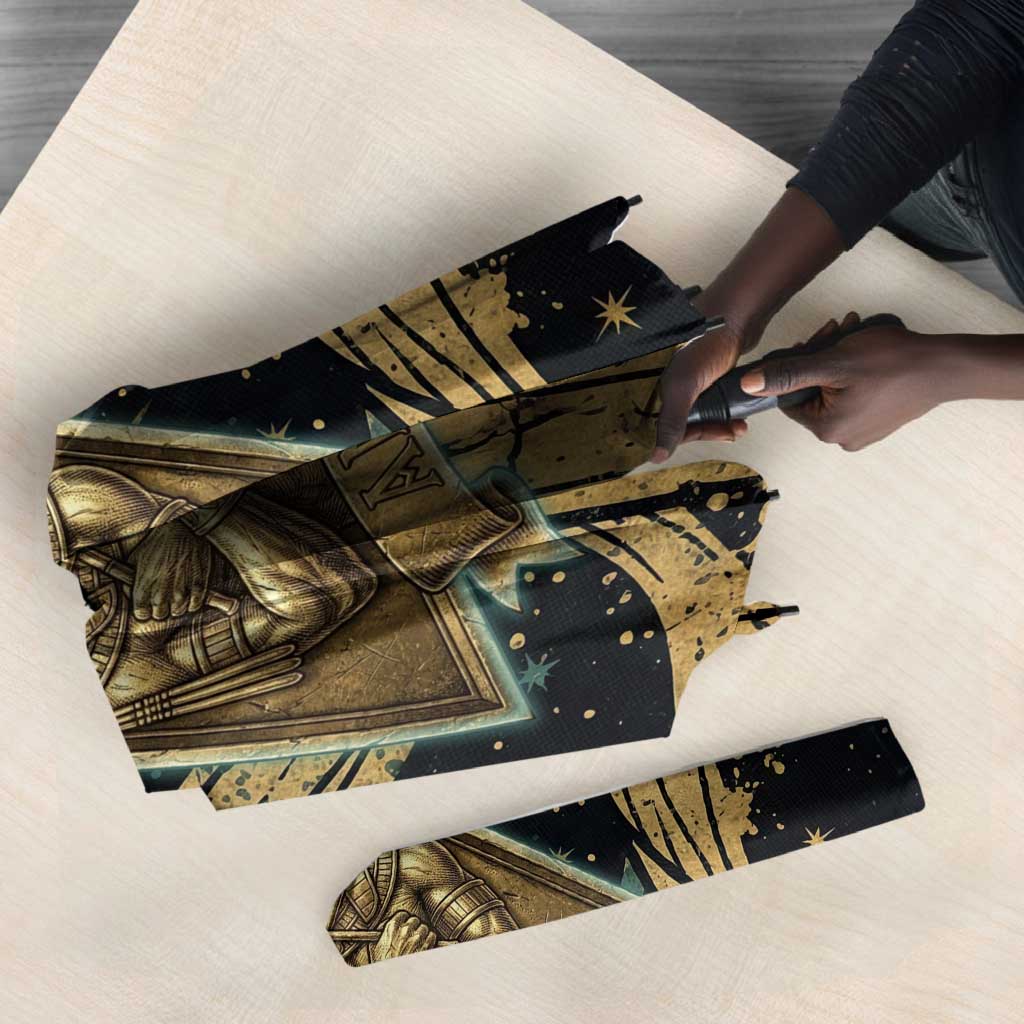 Anubis Ancient Egyptian Umbrella with Starry Mummy Wrap Pattern, Anubis Warrior Illustration, and Pyramid - African Pride