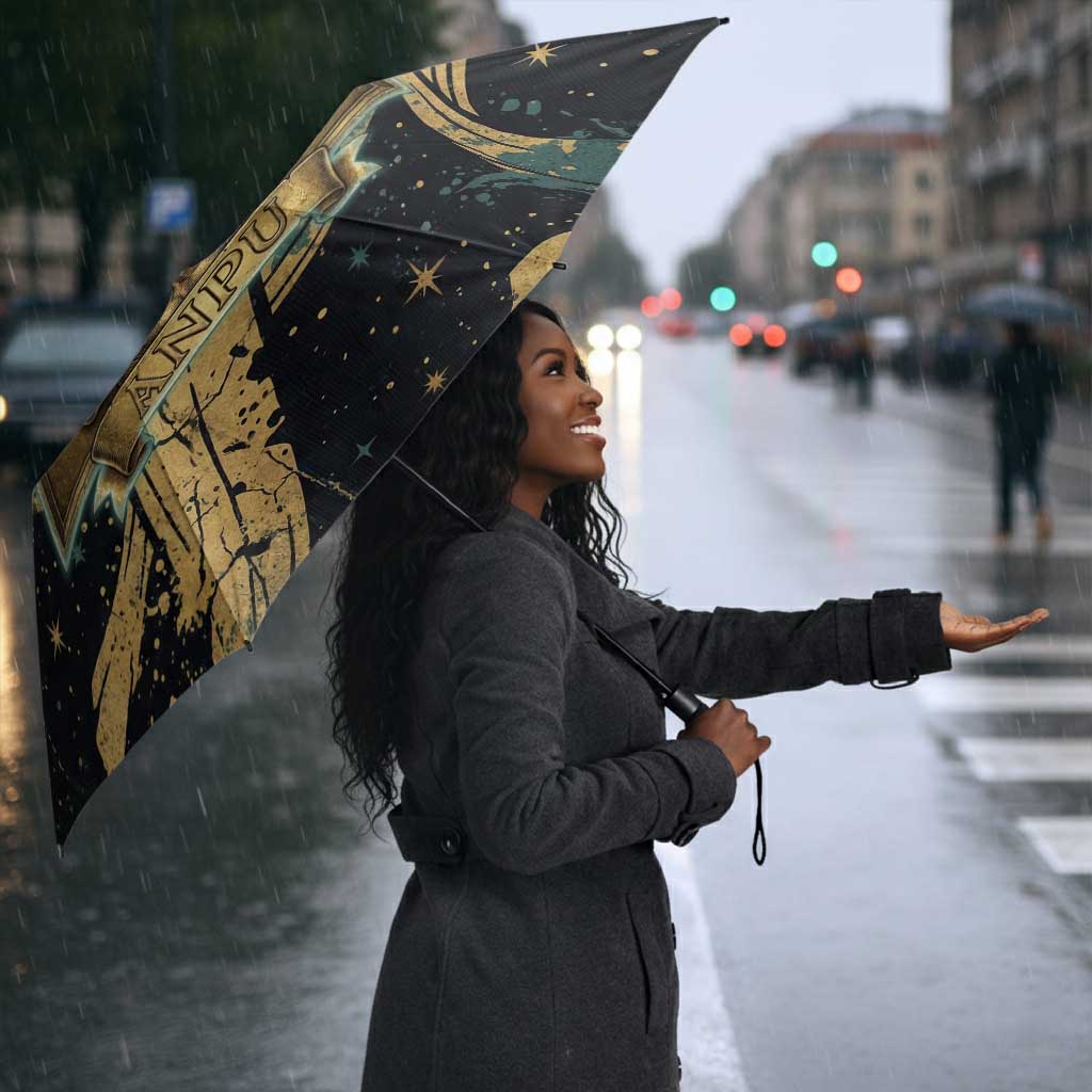Anubis Ancient Egyptian Umbrella with Starry Mummy Wrap Pattern, Anubis Warrior Illustration, and Pyramid - African Pride