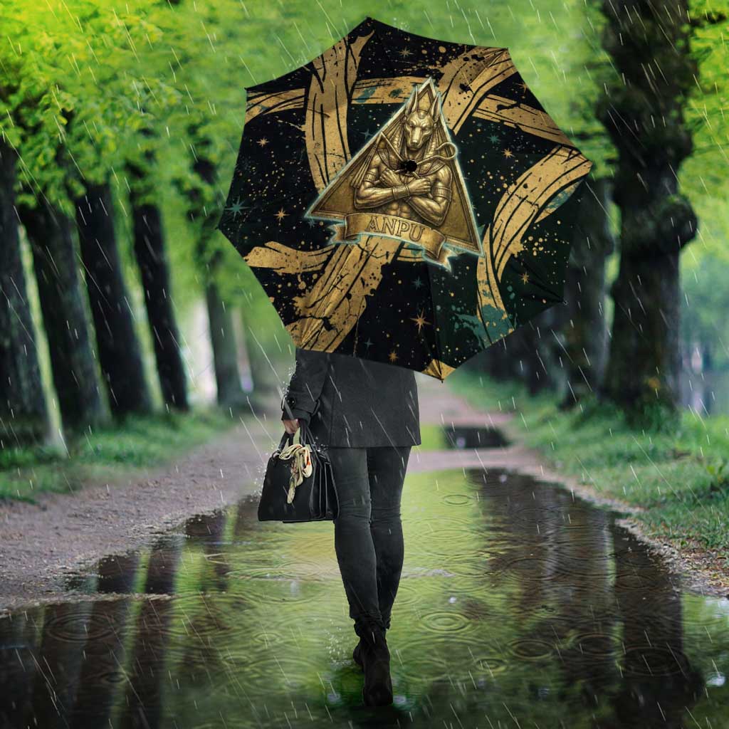 Anubis Ancient Egyptian Umbrella with Starry Mummy Wrap Pattern, Anubis Warrior Illustration, and Pyramid - African Pride