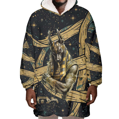 Anubis Ancient Egyptian Wearable Blanket Hoodie with Starry Mummy Wrap Pattern, Anubis Warrior Illustration, and Pyramid - African Pride