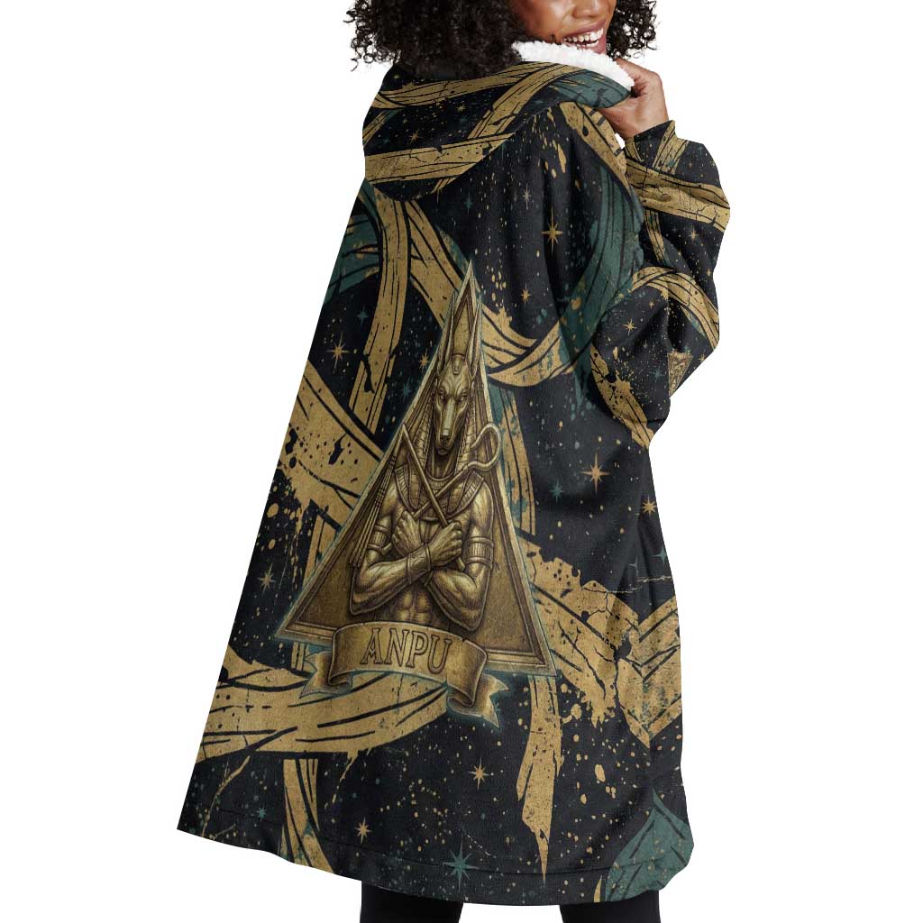 Anubis Ancient Egyptian Wearable Blanket Hoodie with Starry Mummy Wrap Pattern, Anubis Warrior Illustration, and Pyramid - African Pride