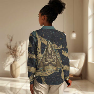 Anubis Ancient Egyptian Women Casual Shirt with Starry Mummy Wrap Pattern, Anubis Warrior Illustration, and Pyramid - African Pride