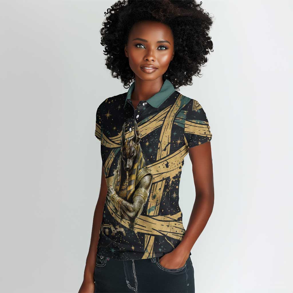 Anubis Ancient Egyptian Women Polo Shirt with Starry Mummy Wrap Pattern, Anubis Warrior Illustration, and Pyramid - African Pride