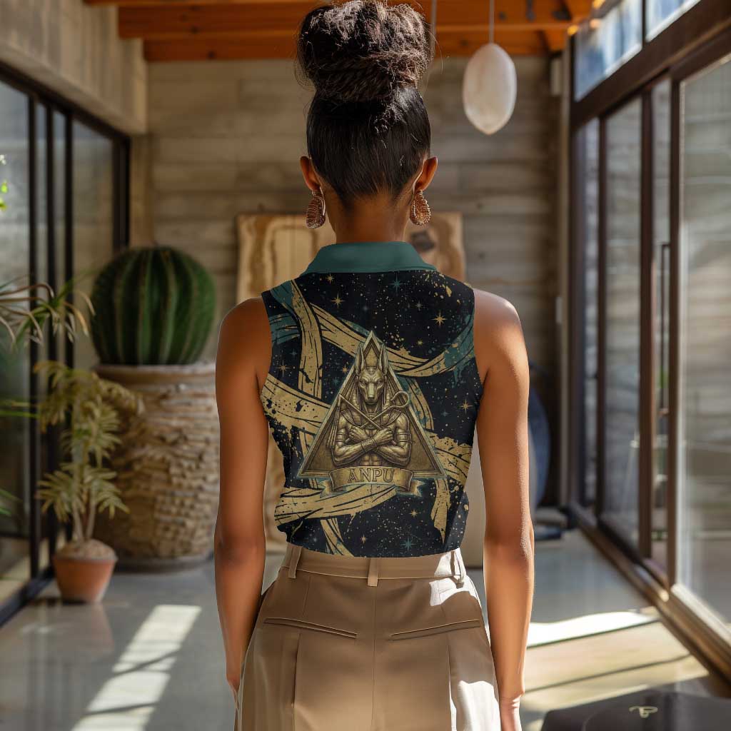Anubis Ancient Egyptian Women Sleeveless Polo Shirt with Starry Mummy Wrap Pattern, Anubis Warrior Illustration, and Pyramid - African Pride