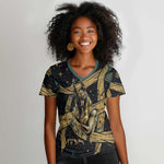 Anubis Ancient Egyptian Women V-Neck T-Shirt with Starry Mummy Wrap Pattern, Anubis Warrior Illustration, and Pyramid - African Pride