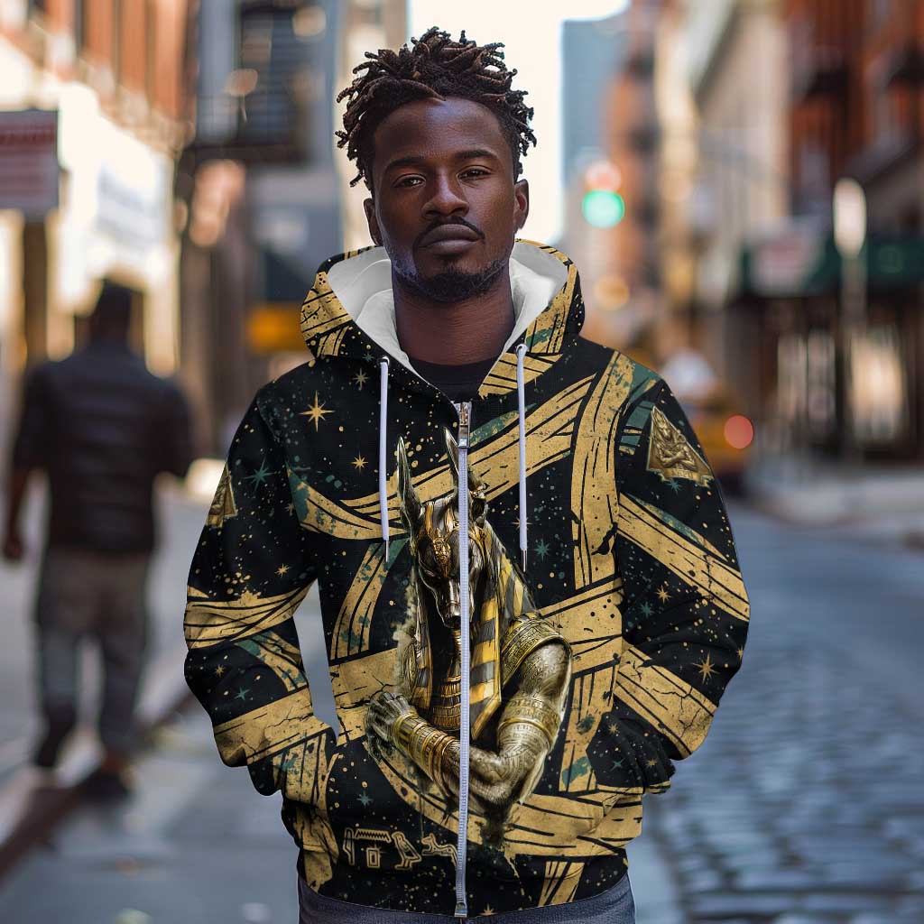 Anubis Ancient Egyptian Zip Hoodie with Starry Mummy Wrap Pattern, Anubis Warrior Illustration, and Pyramid - African Pride