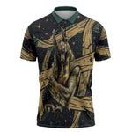 Anubis Ancient Egyptian Zipper Polo Shirt with Starry Mummy Wrap Pattern, Anubis Warrior Illustration, and Pyramid - African Pride
