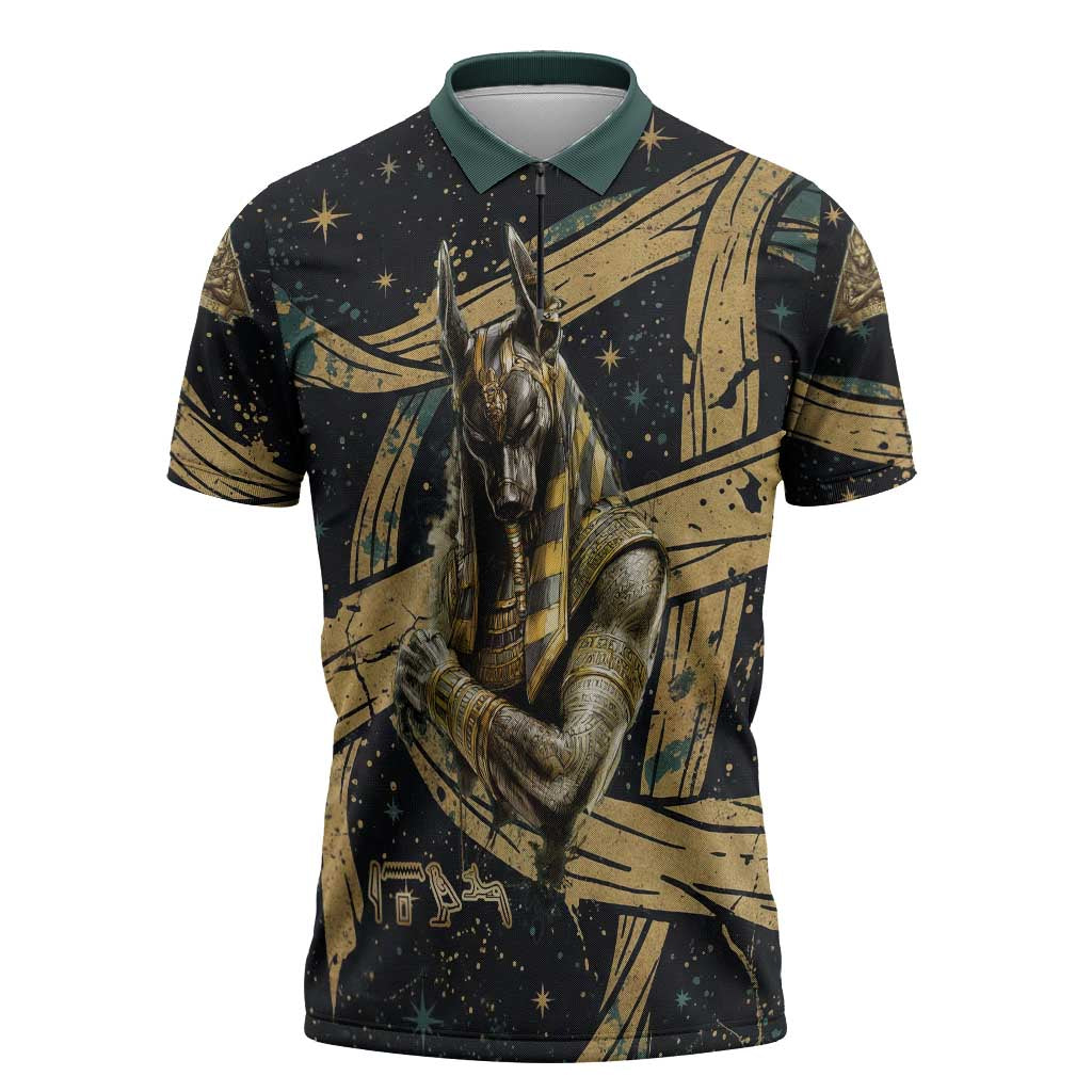 Anubis Ancient Egyptian Zipper Polo Shirt with Starry Mummy Wrap Pattern, Anubis Warrior Illustration, and Pyramid - African Pride