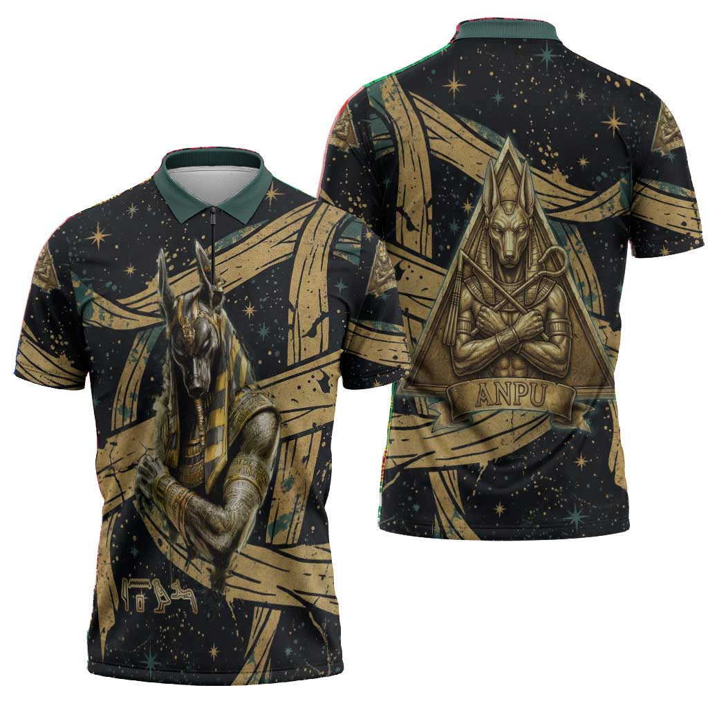 Anubis Ancient Egyptian Zipper Polo Shirt with Starry Mummy Wrap Pattern, Anubis Warrior Illustration, and Pyramid - African Pride