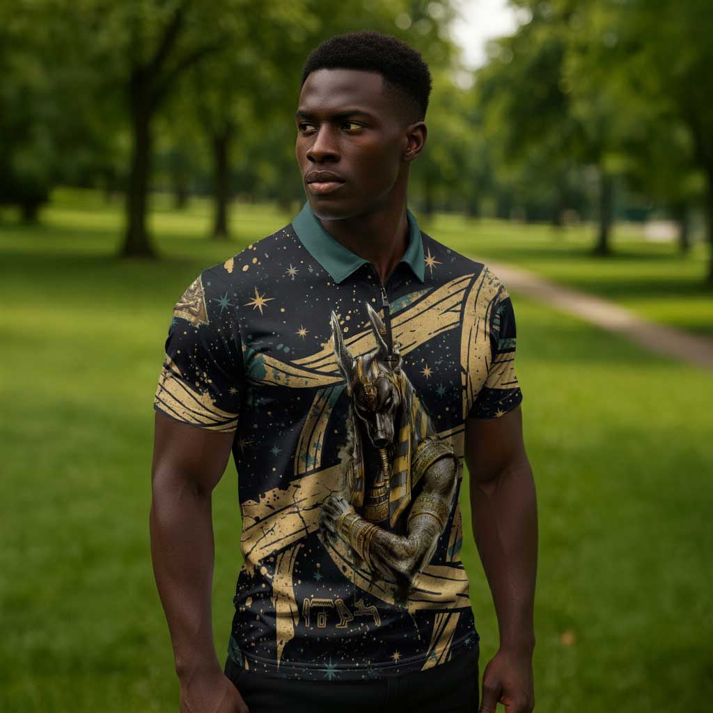 Anubis Ancient Egyptian Zipper Polo Shirt with Starry Mummy Wrap Pattern, Anubis Warrior Illustration, and Pyramid - African Pride