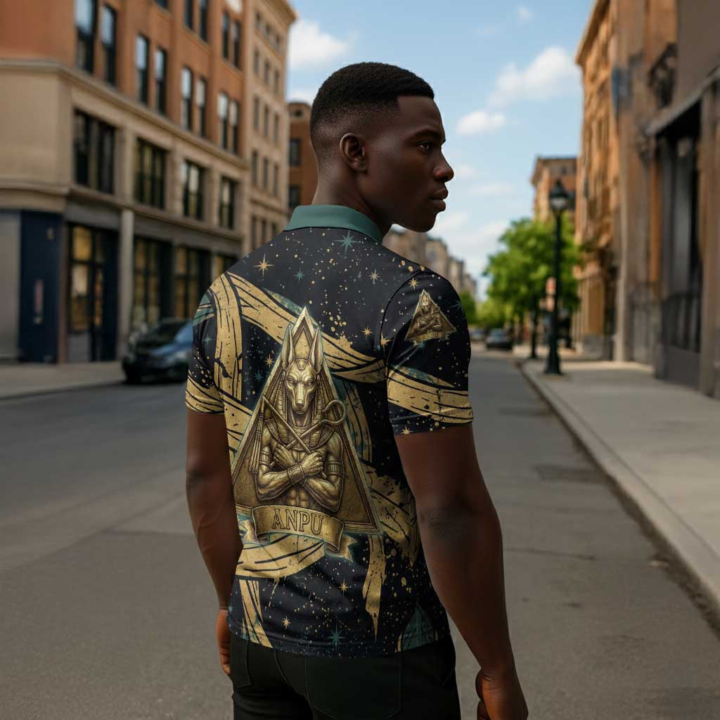 Anubis Ancient Egyptian Zipper Polo Shirt with Starry Mummy Wrap Pattern, Anubis Warrior Illustration, and Pyramid - African Pride