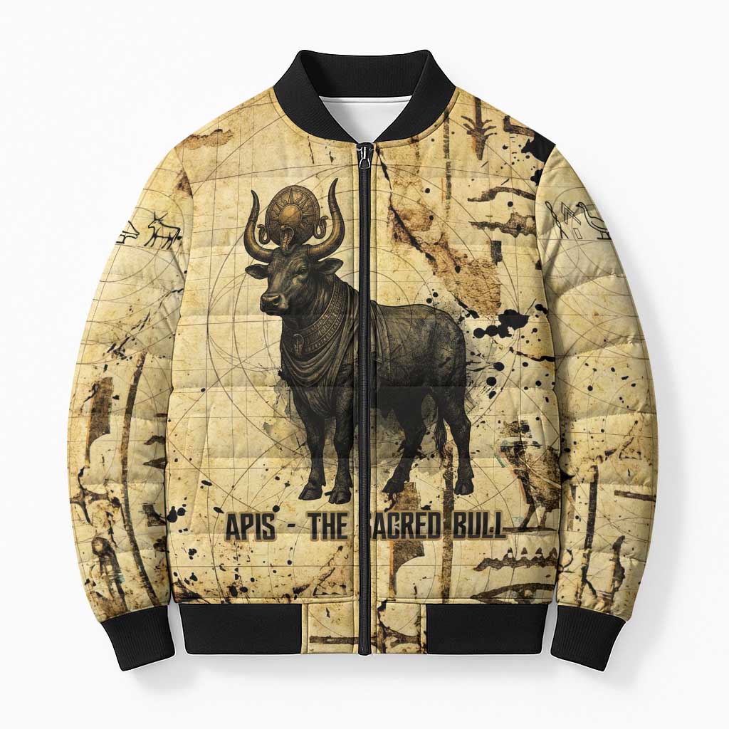 Apis Bomber Puffer Jacket Ancient Egyptian Papyrus Map, Egyptian Crown Bull Illustration - African Pride