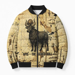 Apis Bomber Puffer Jacket Ancient Egyptian Papyrus Map, Egyptian Crown Bull Illustration - African Pride