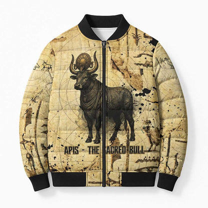 Apis Bomber Puffer Jacket Ancient Egyptian Papyrus Map, Egyptian Crown Bull Illustration - African Pride