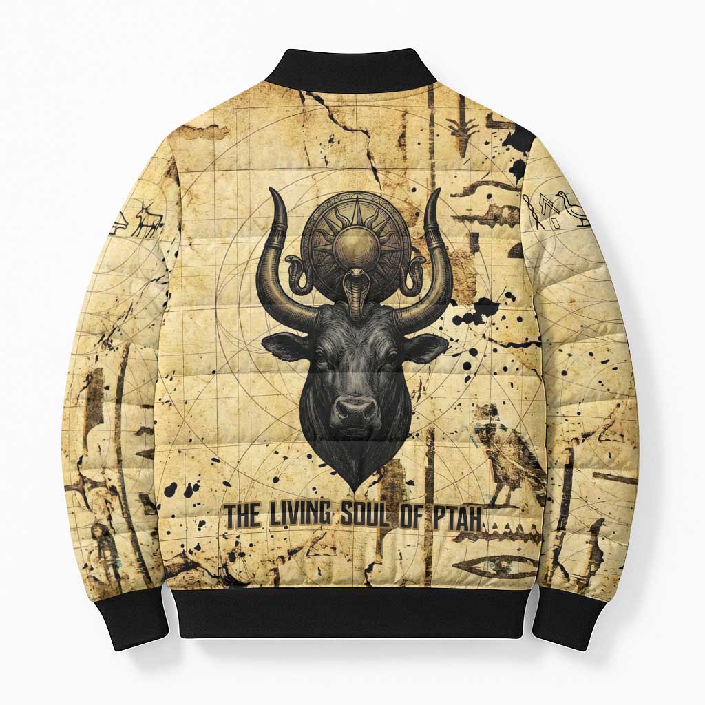 Apis Bomber Puffer Jacket Ancient Egyptian Papyrus Map, Egyptian Crown Bull Illustration - African Pride