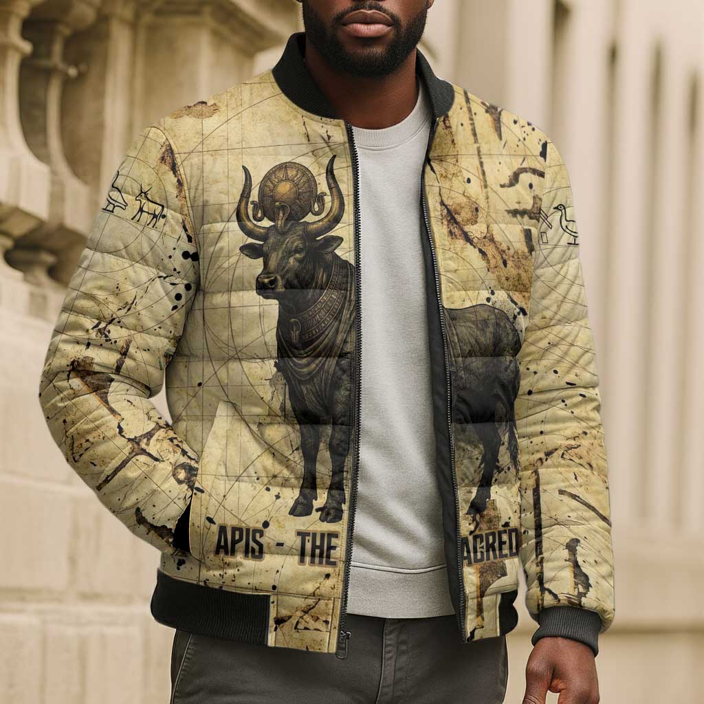 Apis Bomber Puffer Jacket Ancient Egyptian Papyrus Map, Egyptian Crown Bull Illustration - African Pride