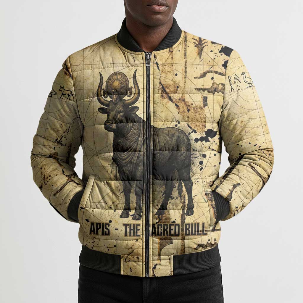 Apis Bomber Puffer Jacket Ancient Egyptian Papyrus Map, Egyptian Crown Bull Illustration - African Pride