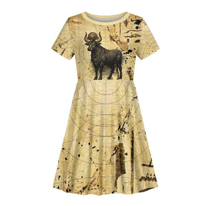 Apis Kid Short Sleeve Dress Ancient Egyptian Papyrus Map, Egyptian Crown Bull Illustration - African Pride