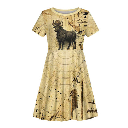 Apis Kid Short Sleeve Dress Ancient Egyptian Papyrus Map, Egyptian Crown Bull Illustration - African Pride