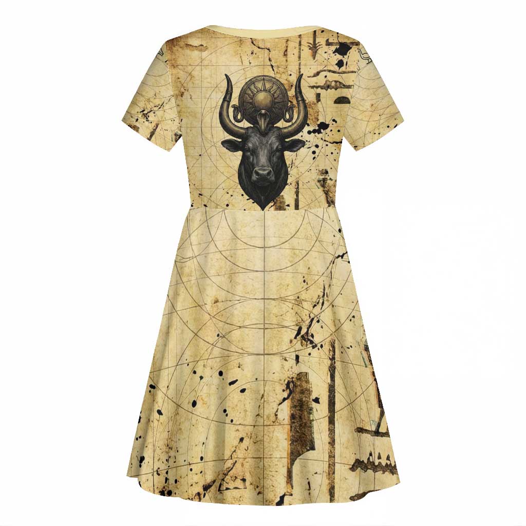 Apis Kid Short Sleeve Dress Ancient Egyptian Papyrus Map, Egyptian Crown Bull Illustration - African Pride