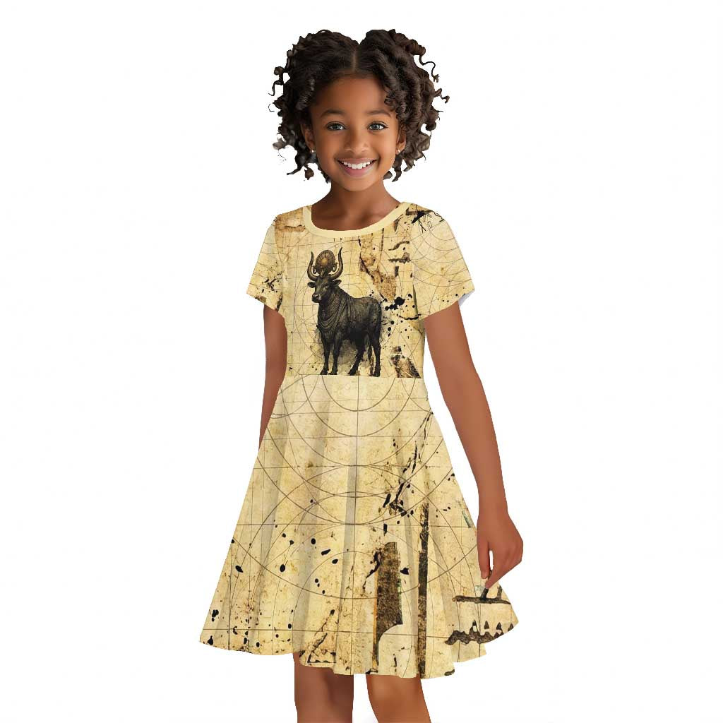 Apis Kid Short Sleeve Dress Ancient Egyptian Papyrus Map, Egyptian Crown Bull Illustration - African Pride