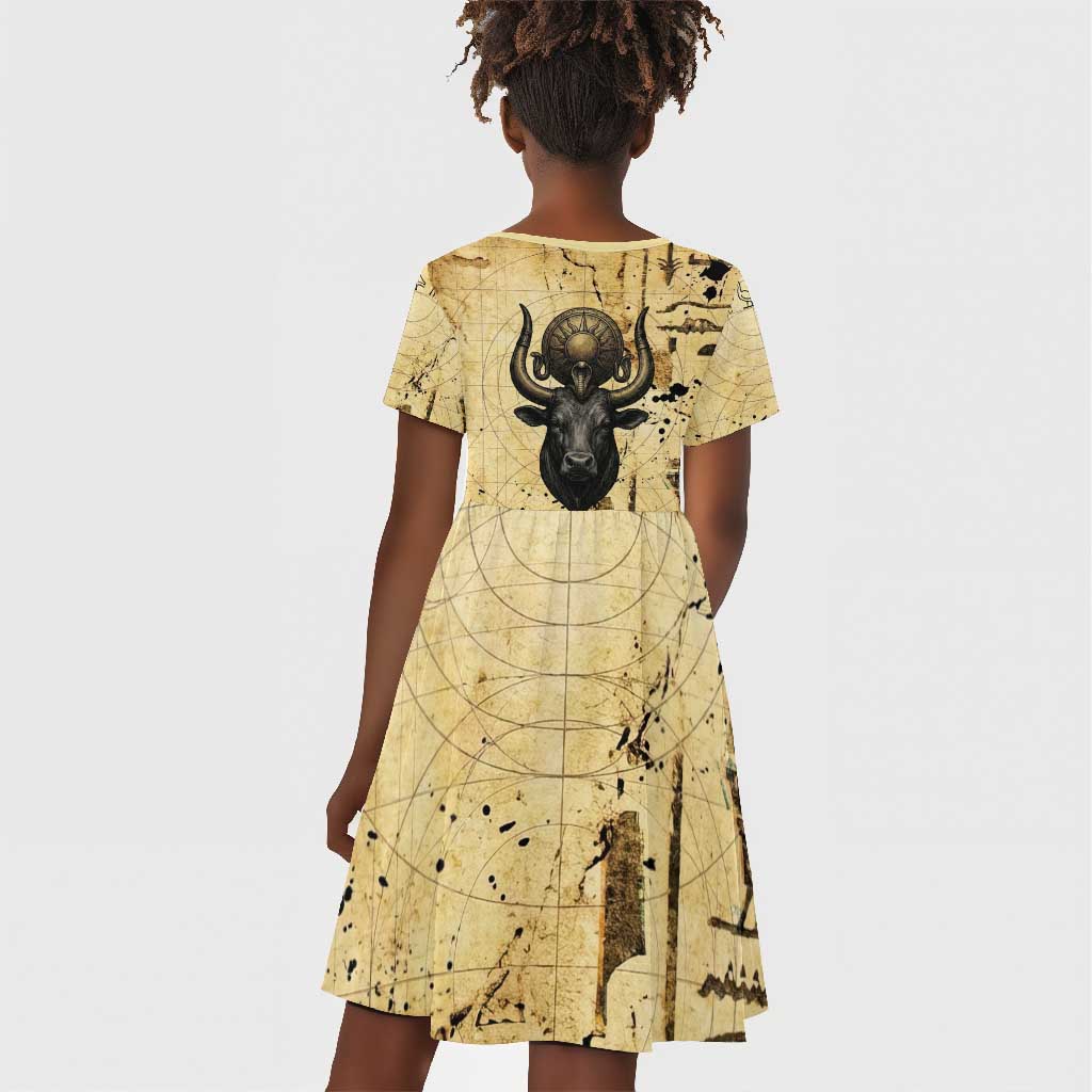 Apis Kid Short Sleeve Dress Ancient Egyptian Papyrus Map, Egyptian Crown Bull Illustration - African Pride