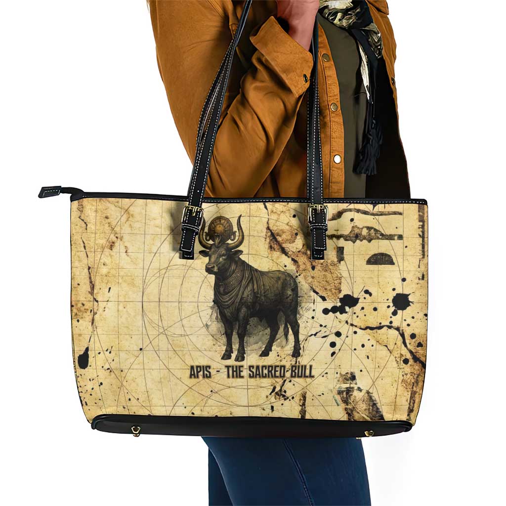 Apis Leather Tote Bag Ancient Egyptian Papyrus Map, Egyptian Crown Bull Illustration - African Pride