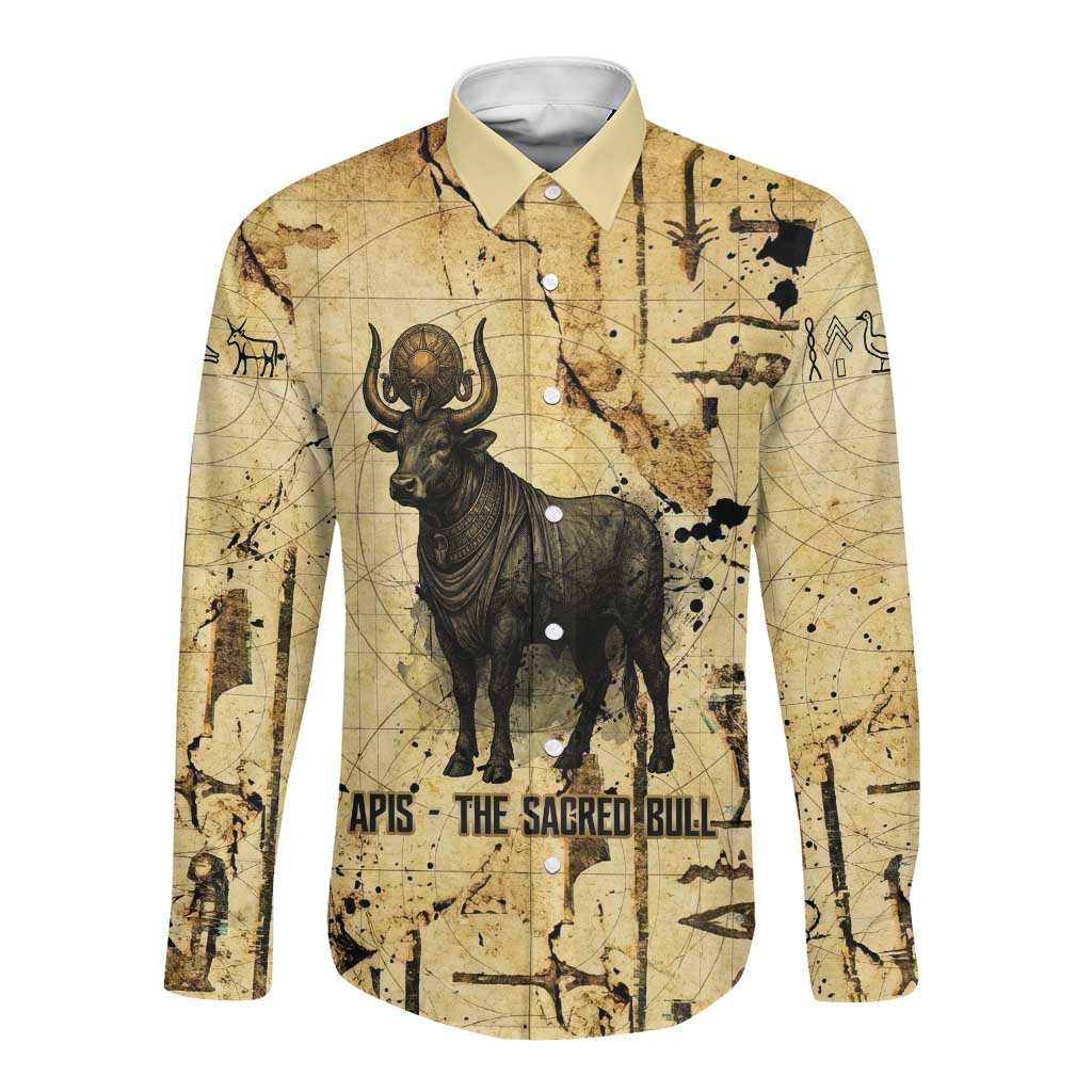 Apis Long Sleeve Button Shirt Ancient Egyptian Papyrus Map, Egyptian Crown Bull Illustration - African Pride