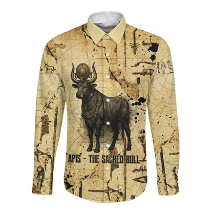 Apis Long Sleeve Button Shirt Ancient Egyptian Papyrus Map, Egyptian Crown Bull Illustration - African Pride
